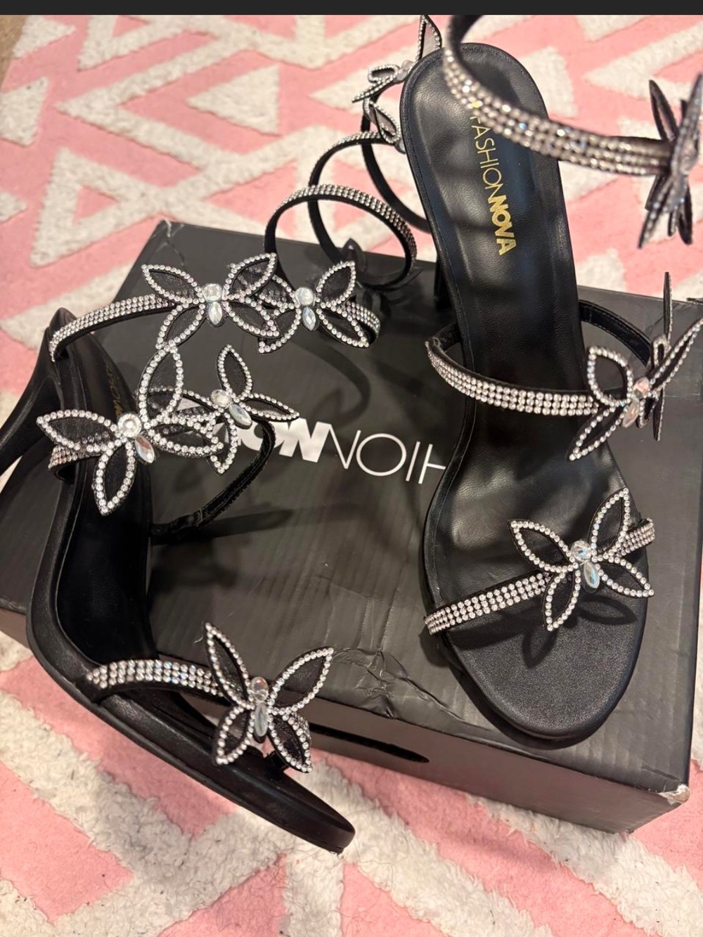 Fashion Nova Black Rhinestone Floral Strap Heels